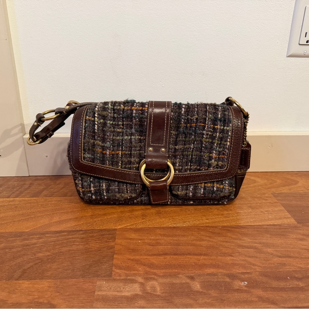 Coach Y2K Chelsea Green Tweed Double Pocket Boucle Shoulder Bag 8F18 Vintage